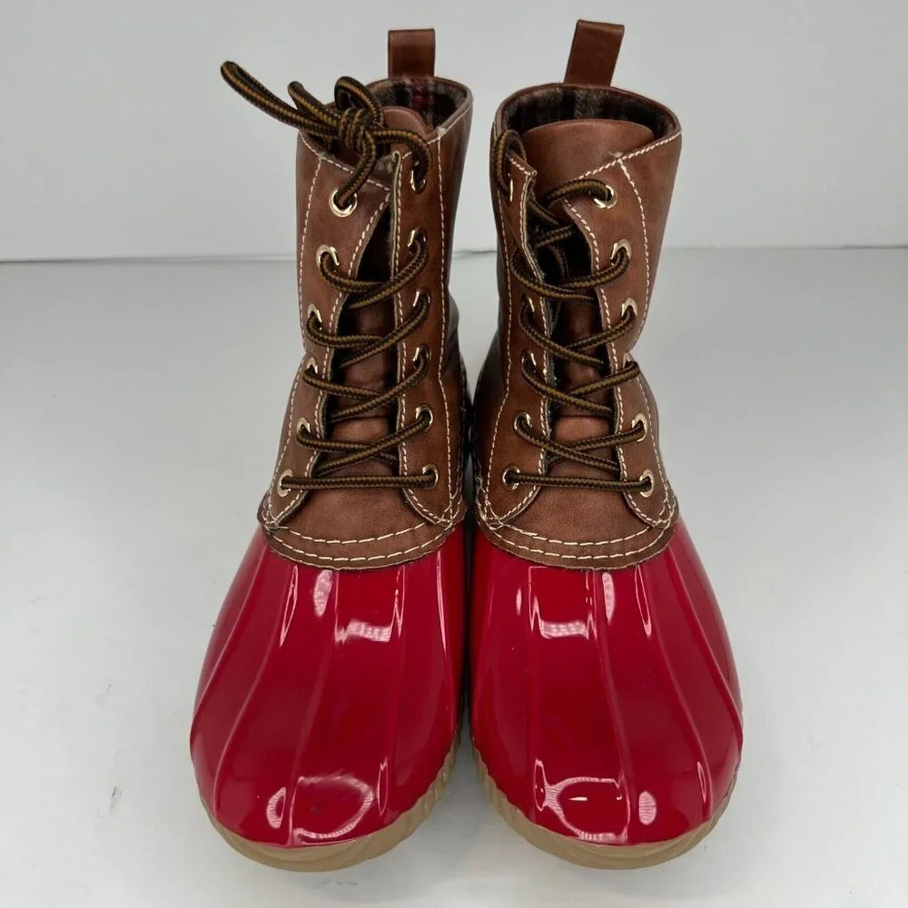 Dr Scholl's Women's Red Brown Lace-Up Sleek Waterproof Size 7 Rain Duck Boots